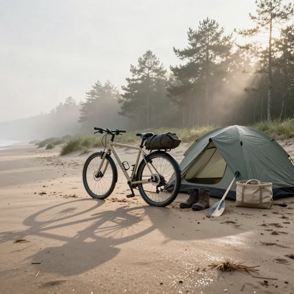 Muddy fiets, tent en wandelspullen in duinzand bij zonsopkomst.
