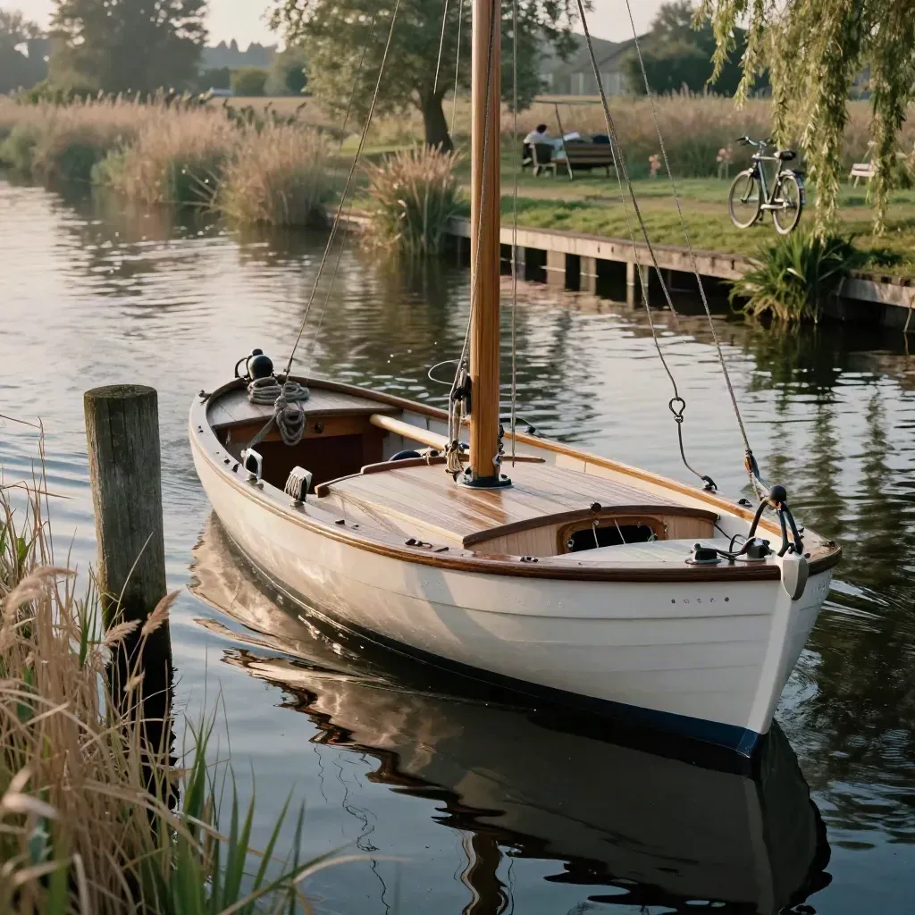 Smalle sloep langs riet en steiger bij een terras in het Groene Hart
