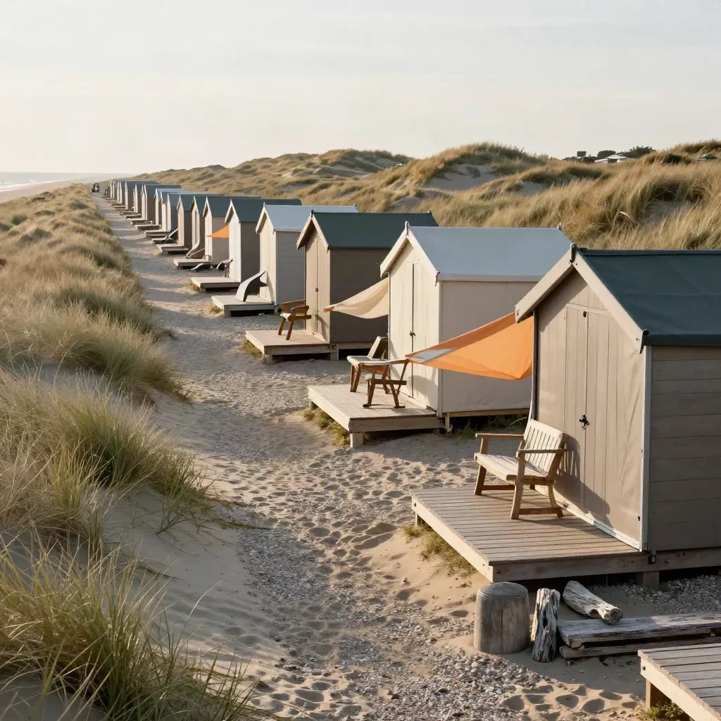 Zeelandse camping met lage duinen, wapperende veranda en rustige lodges in de wind.