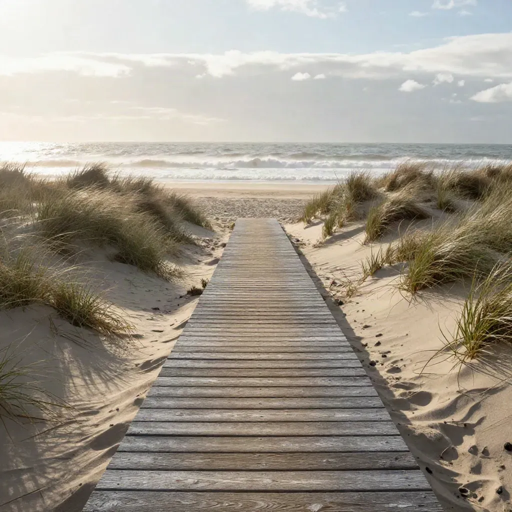 Laag vanaf een boardwalk op het duinpad, helmgras en glinsterende zee in ochtendlicht.