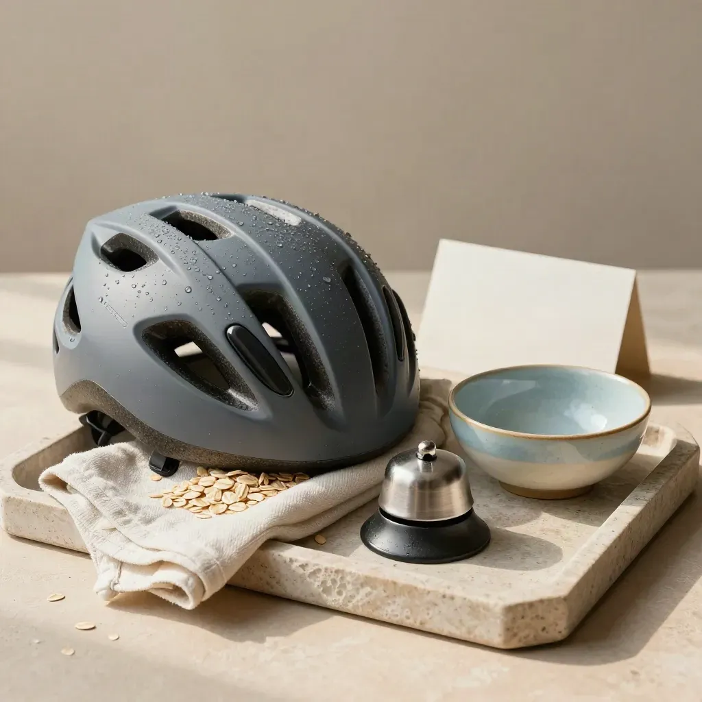 Matte fietshelm met regendruppels op steen, met doek, bel en kom ernaast